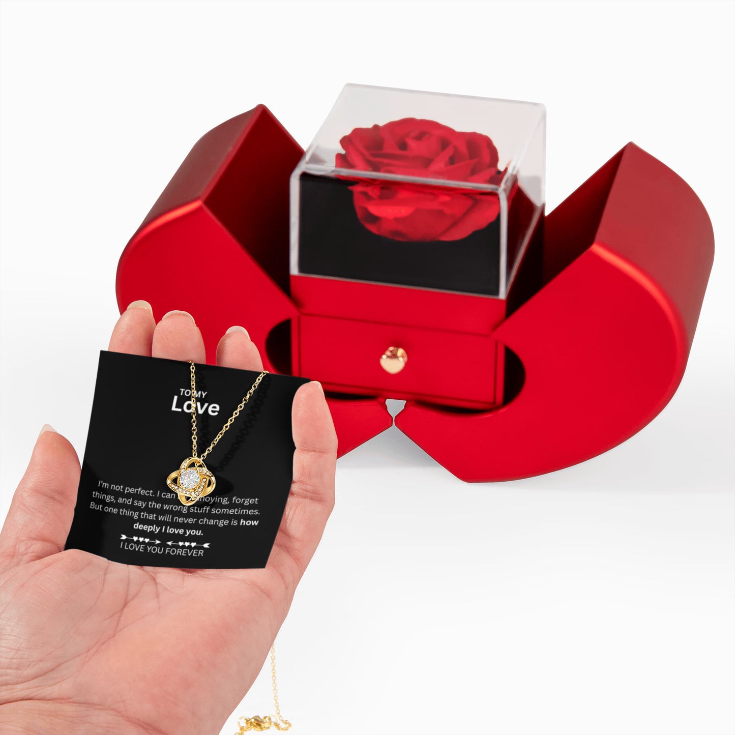 To My Love Necklace with Eternity Flower Red Rose Gift Box Set for Mother's Day, anniversary gift, wife and girlfriend birthday gifts.